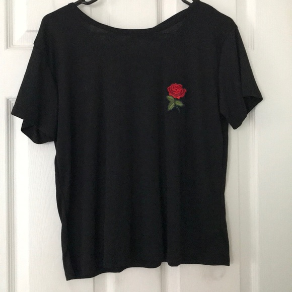 Tops - Black Tee with criss cross back and rose